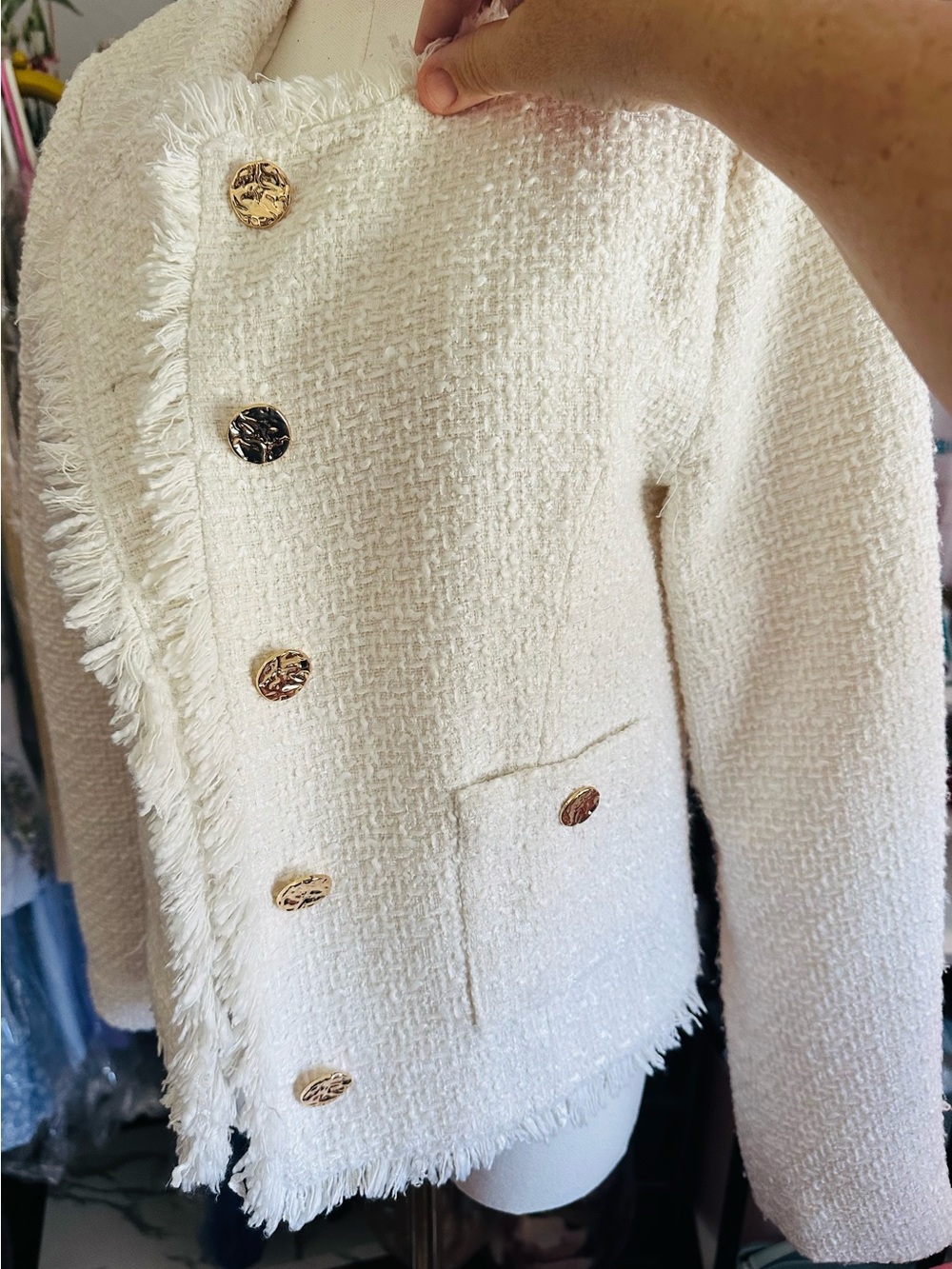 Rachel Zoe Ivory Tweed Fringe Gold Button Blazer - Picture 5 of 12